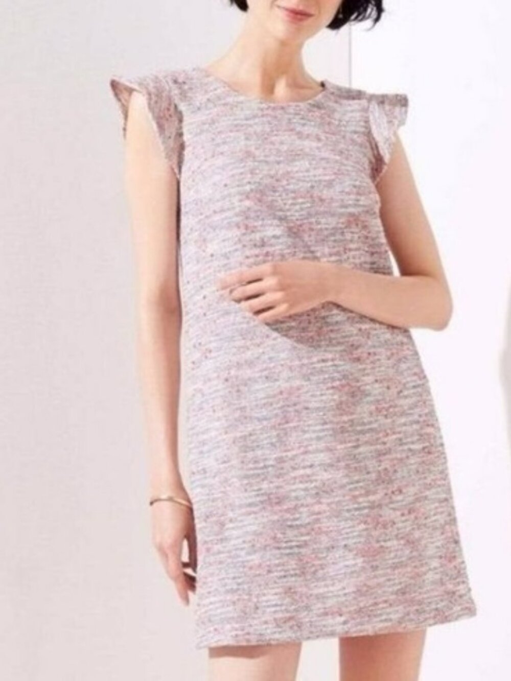 Retro Pink Boucle Tweed Flutter Sleeve Shift Mini Dress